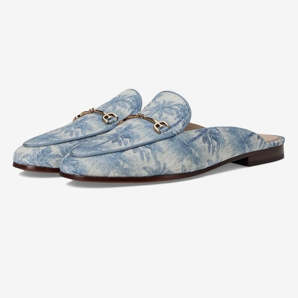 RARE NIB Sam Edelman Linnie Slip-On Mules with Gold Accent- Blue Palm Linen